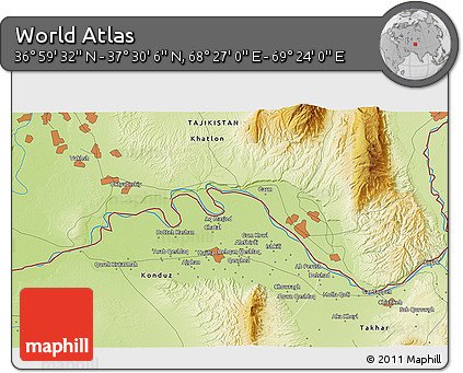 Physical 3D Map of the Area around 37° 14' 49" N, 68° 55' 30" E