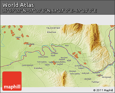 Physical 3D Map of the Area around 37° 14' 49" N, 68° 55' 30" E