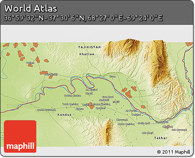 Physical 3D Map of the Area around 37° 14' 49" N, 68° 55' 30" E