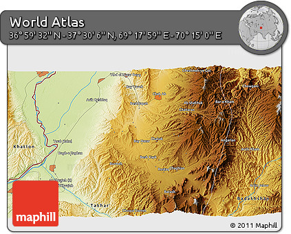 Physical 3D Map of the Area around 37° 14' 49" N, 69° 46' 30" E