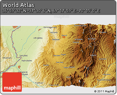 Physical 3D Map of the Area around 37° 14' 49" N, 69° 46' 30" E