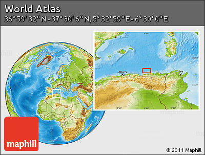 Physical Location Map of the Area around 37° 14' 49" N, 6° 1' 30" E