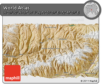 Satellite 3D Map of the Area around 37° 14' 49" N, 72° 19' 29" E