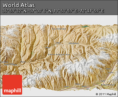 Satellite 3D Map of the Area around 37° 14' 49" N, 72° 19' 29" E