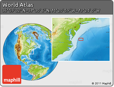 Physical Location Map of the Area around 37° 14' 49" N, 73° 52' 30" W