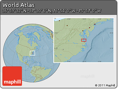 Savanna Style Location Map of the Area around 37° 14' 49" N, 76° 25' 30" W, hill shading