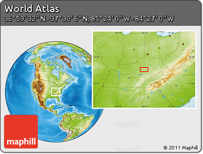Physical Location Map of the Area around 37° 14' 49" N, 84° 55' 30" W