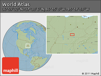 Savanna Style Location Map of the Area around 37° 14' 49" N, 85° 46' 30" W, hill shading