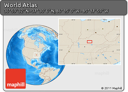 Shaded Relief Location Map of the Area around 37° 14' 49" N, 85° 46' 30" W