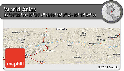 Shaded Relief Panoramic Map of the Area around 37° 14' 49" N, 85° 46' 30" W