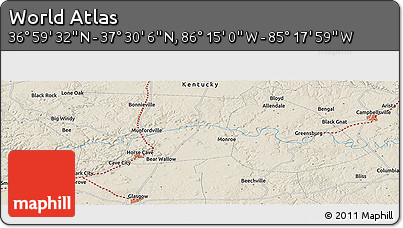 Shaded Relief Panoramic Map of the Area around 37° 14' 49" N, 85° 46' 30" W