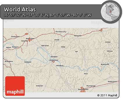 Shaded Relief 3D Map of the Area around 37° 14' 49" N, 86° 37' 30" W