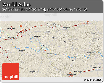 Shaded Relief 3D Map of the Area around 37° 14' 49" N, 86° 37' 30" W