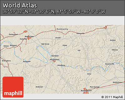 Shaded Relief 3D Map of the Area around 37° 14' 49" N, 86° 37' 30" W