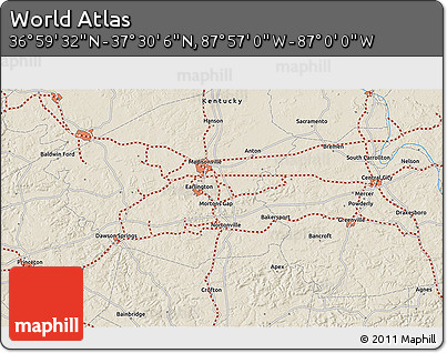 Shaded Relief 3D Map of the Area around 37° 14' 49" N, 87° 28' 29" W