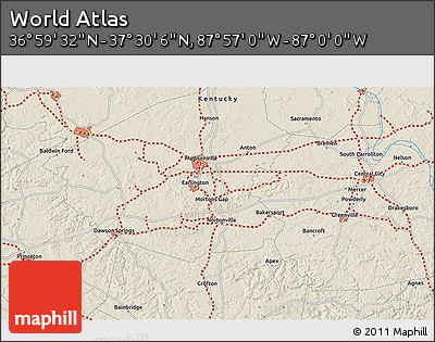 Shaded Relief 3D Map of the Area around 37° 14' 49" N, 87° 28' 29" W