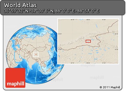Shaded Relief Location Map of the Area around 37° 14' 49" N, 88° 28' 29" E