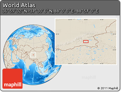 Shaded Relief Location Map of the Area around 37° 14' 49" N, 88° 28' 29" E