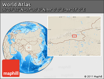 Shaded Relief Location Map of the Area around 37° 14' 49" N, 88° 28' 29" E