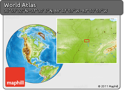 Physical Location Map of the Area around 37° 14' 49" N, 88° 19' 29" W