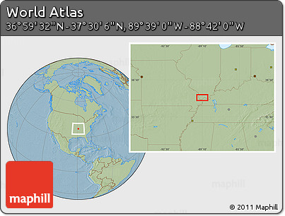 Savanna Style Location Map of the Area around 37° 14' 49" N, 89° 10' 30" W, hill shading