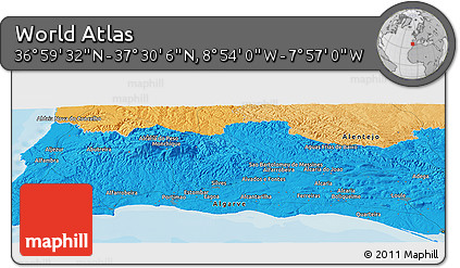 Political Panoramic Map of the Area around 37° 14' 49" N, 8° 25' 30" W