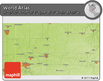 Physical 3D Map of the Area around 37° 14' 49" N, 94° 16' 30" W