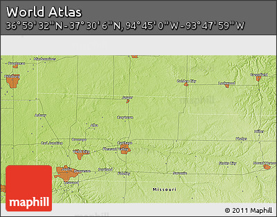 Physical 3D Map of the Area around 37° 14' 49" N, 94° 16' 30" W