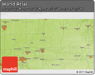 Physical 3D Map of the Area around 37° 14' 49" N, 94° 16' 30" W
