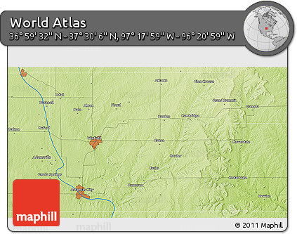 Physical 3D Map of the Area around 37° 14' 49" N, 96° 49' 29" W