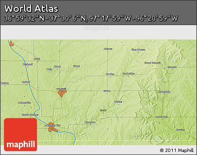 Physical 3D Map of the Area around 37° 14' 49" N, 96° 49' 29" W