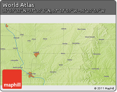 Physical 3D Map of the Area around 37° 14' 49" N, 96° 49' 29" W