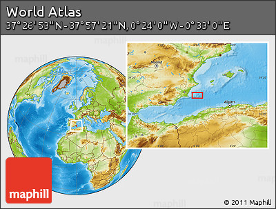 Physical Location Map of the Area around 37° 42' 7" N, 0° 4' 30" E