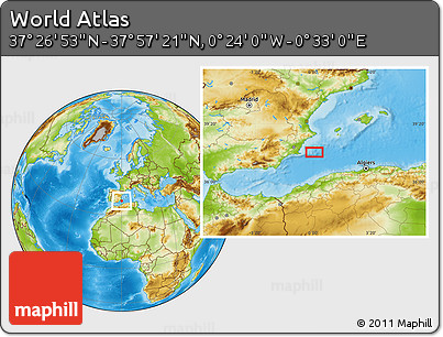 Physical Location Map of the Area around 37° 42' 7" N, 0° 4' 30" E