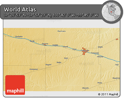 Physical 3D Map of the Area around 37° 42' 7" N, 100° 13' 29" W