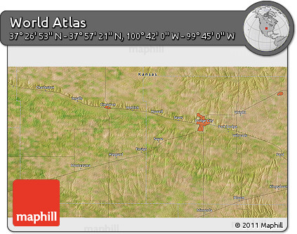 Satellite 3D Map of the Area around 37° 42' 7" N, 100° 13' 29" W