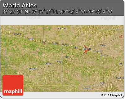 Satellite 3D Map of the Area around 37° 42' 7" N, 100° 13' 29" W