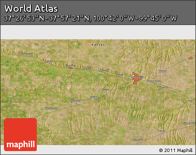 Satellite 3D Map of the Area around 37° 42' 7" N, 100° 13' 29" W