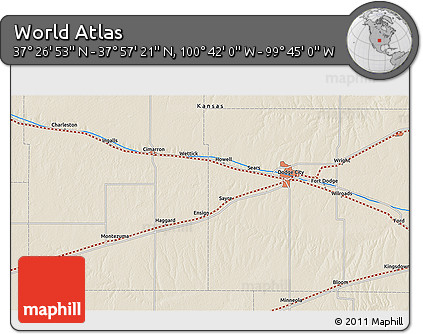 Shaded Relief 3D Map of the Area around 37° 42' 7" N, 100° 13' 29" W