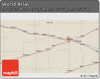 Shaded Relief 3D Map of the Area around 37° 42' 7" N, 100° 13' 29" W