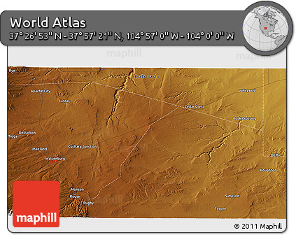 Physical 3D Map of the Area around 37° 42' 7" N, 104° 28' 29" W