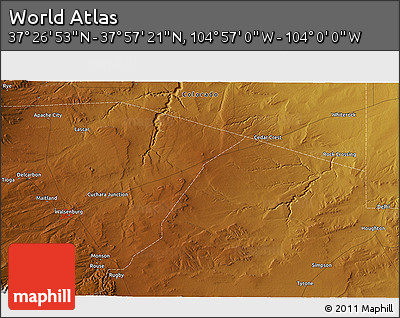 Physical 3D Map of the Area around 37° 42' 7" N, 104° 28' 29" W