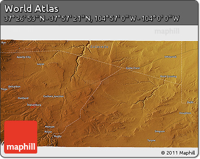 Physical 3D Map of the Area around 37° 42' 7" N, 104° 28' 29" W