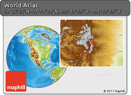 Physical Location Map of the Area around 37° 42' 7" N, 105° 19' 29" W