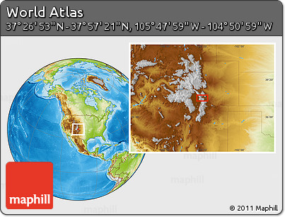 Physical Location Map of the Area around 37° 42' 7" N, 105° 19' 29" W