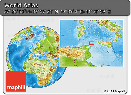 Physical Location Map of the Area around 37° 42' 7" N, 11° 7' 30" E