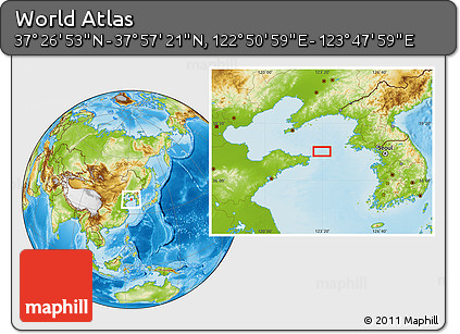 Physical Location Map of the Area around 37° 42' 7" N, 123° 19' 29" E