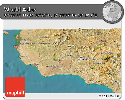 Satellite 3D Map of the Area around 37° 42' 7" N, 12° 49' 29" E