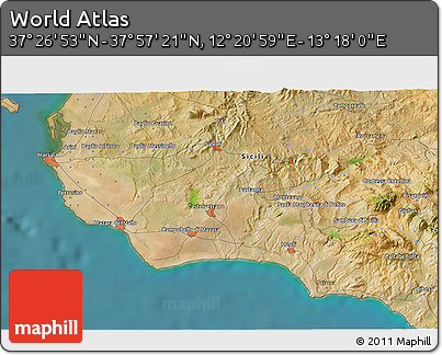 Satellite 3D Map of the Area around 37° 42' 7" N, 12° 49' 29" E