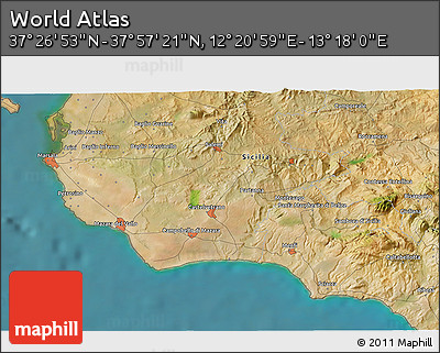 Satellite 3D Map of the Area around 37° 42' 7" N, 12° 49' 29" E